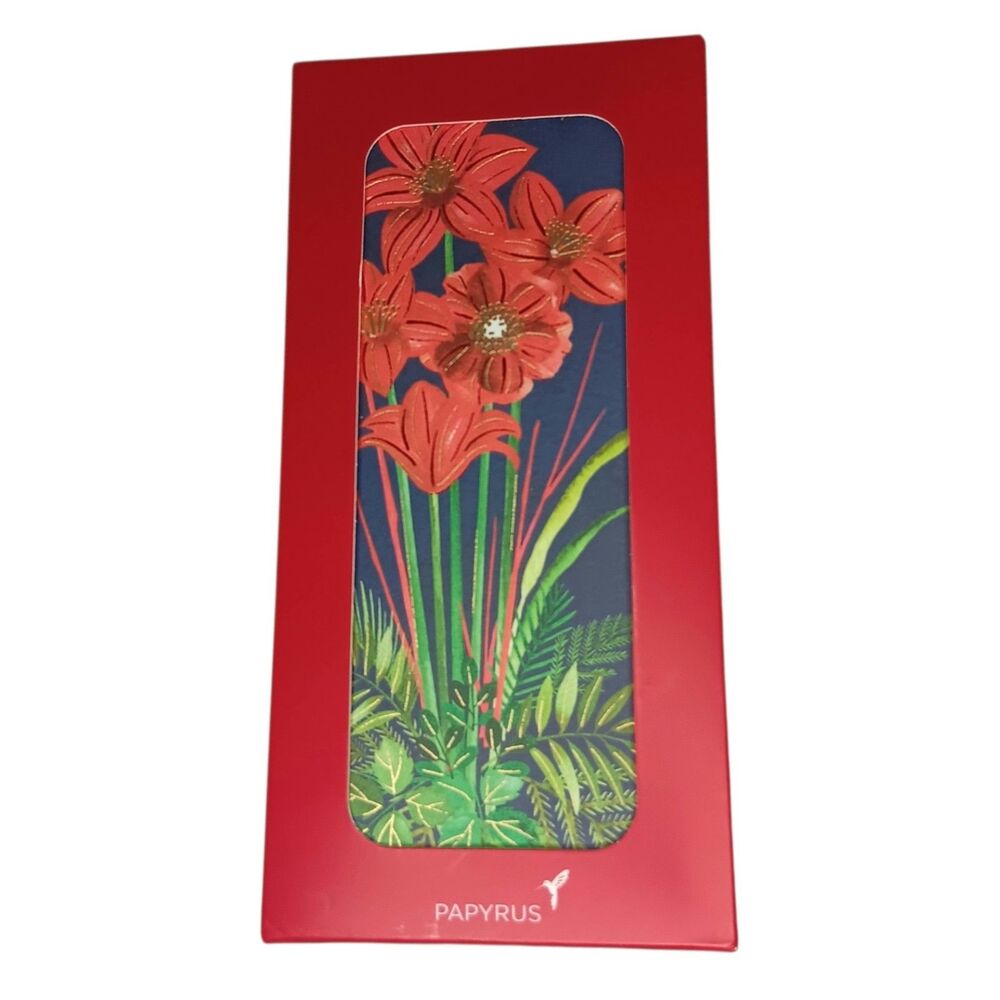 Papyrus Boxed Christmas Cards Amaryllis Red Flower Green Gold Detail 16 ct New